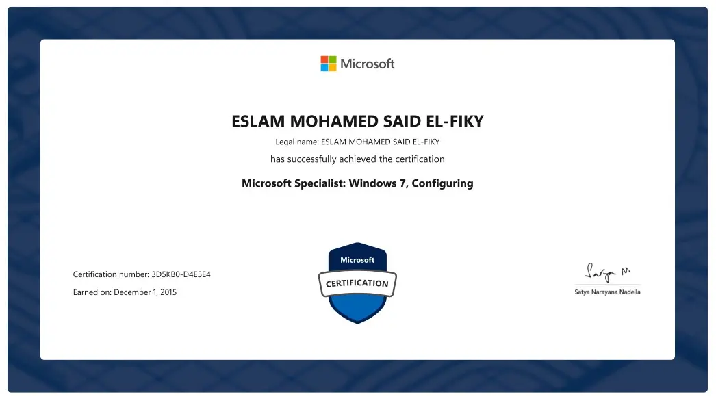 Microsoft Specialist Windows 7 Configuring certificate awarded to Eslam Mohamed Said El-Fiky, Co-Founder at BSMART Networks