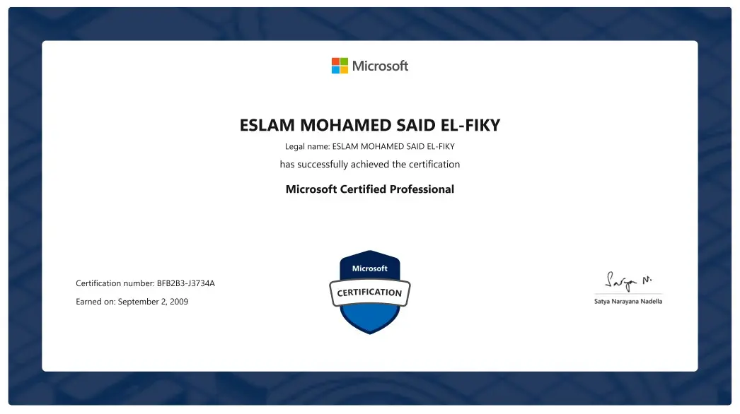 Official Microsoft Certified Professional certificate verified for Eslam Mohamed Said El-Fiky