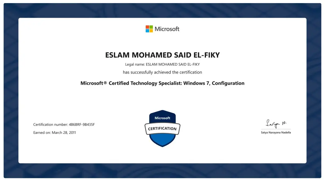 Microsoft Certified Technology Specialist MCTS Windows 7 Configuration certification issued to Eslam Mohamed Said El-Fiky