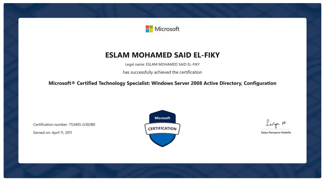 Microsoft Certified Technology Specialist Windows Server 2008 Active Directory Configuration certificate for Eng. Eslam El Fiky
