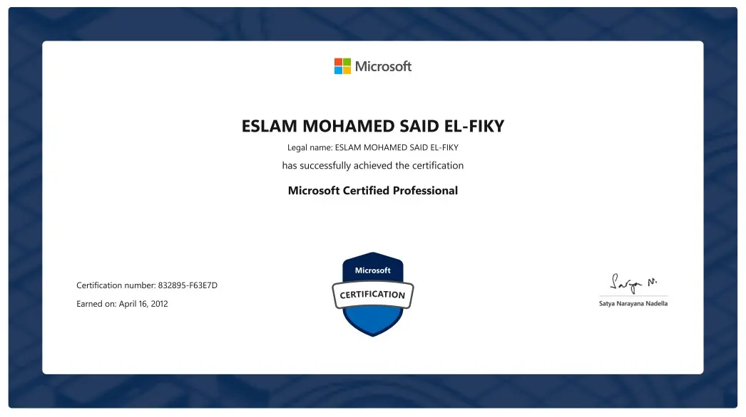 Official Microsoft Certified Professional certificate awarded to Eslam Mohamed Said El-Fiky, Managing Director at BSMART Networks