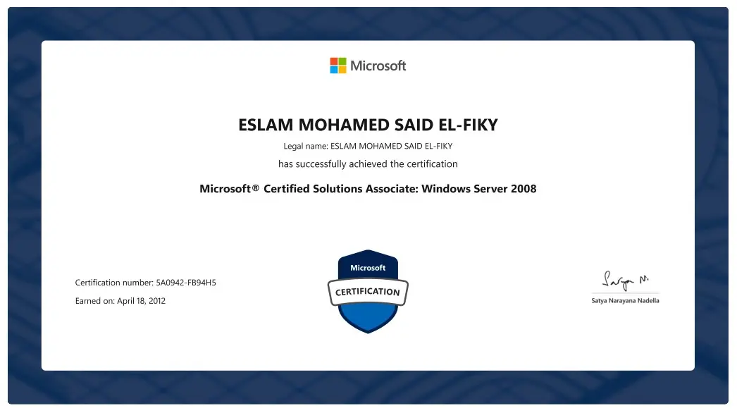 Microsoft Certified Solutions Associate MCSA Windows Server 2008 certificate awarded to Eslam Mohamed Said El-Fiky