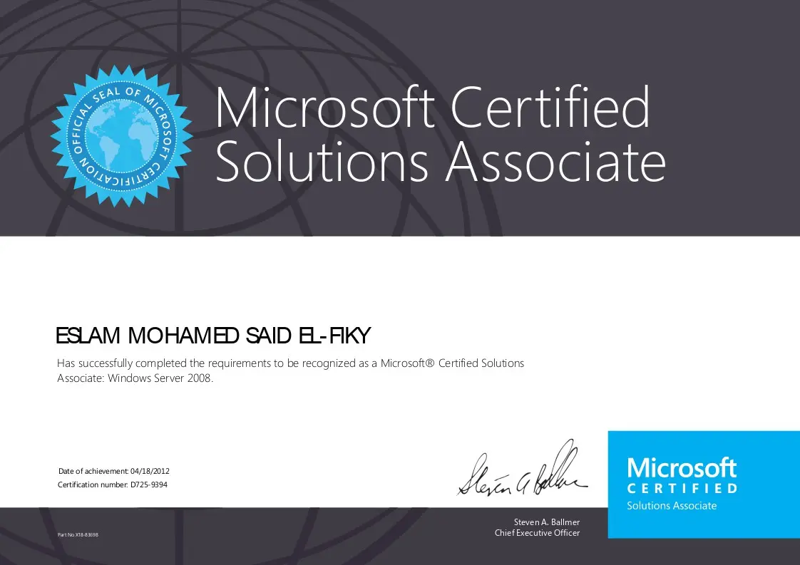 Microsoft Certified Solutions Associate MCSA Windows Server 2008 certificate awarded to Eslam Mohamed Said El-Fiky