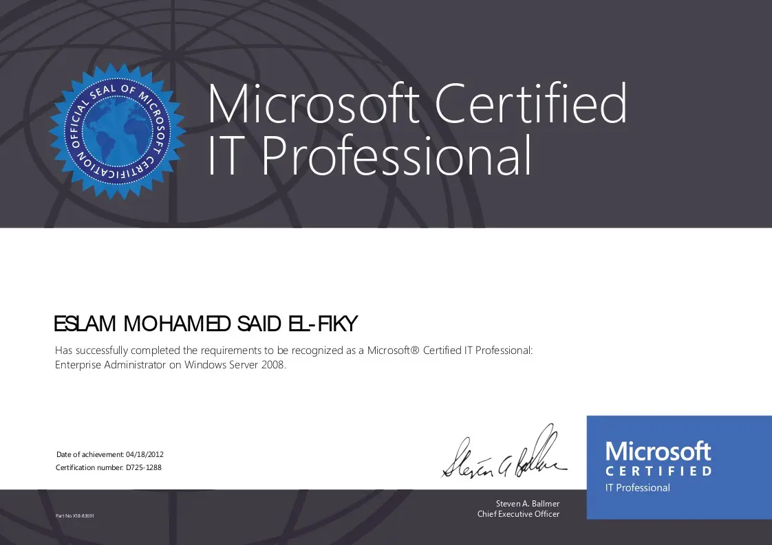 Microsoft Certified IT Professional MCITP Enterprise Administrator on Windows Server 2008 certification for Eng. Eslam Mohamed Said El-Fiky